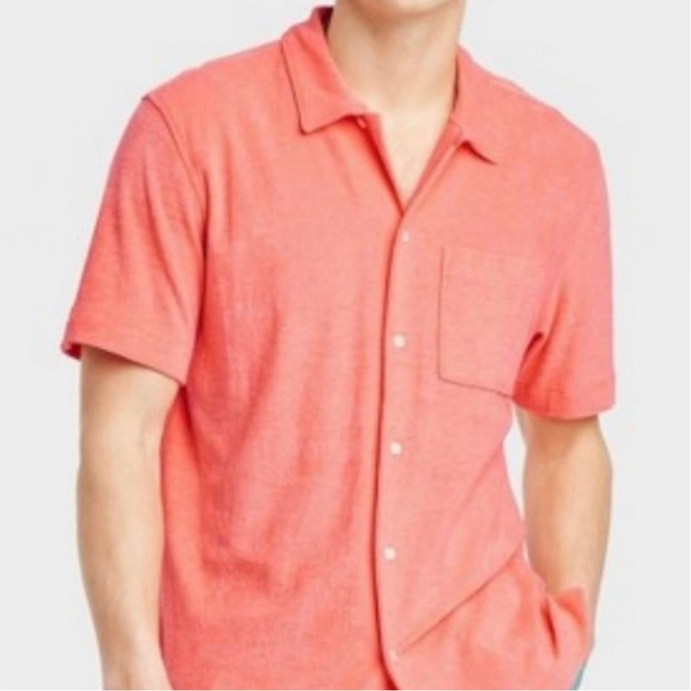 Men’s Terry Polo Camp Button Down Shirt Goodfellow Size M Pink